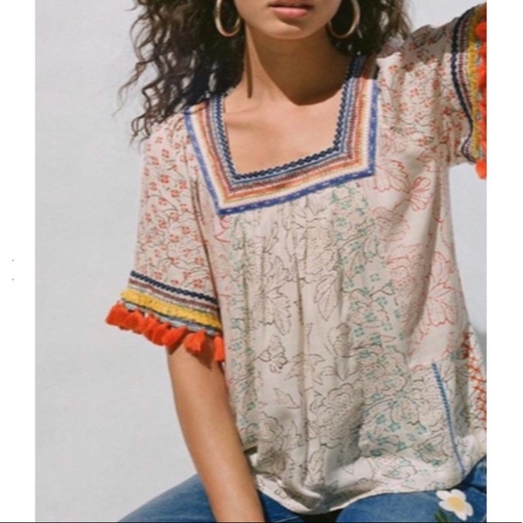 Anthropologie Tops - Maeve x Anthropologie Paolina Floral Peasant Tassel Embroidered Top